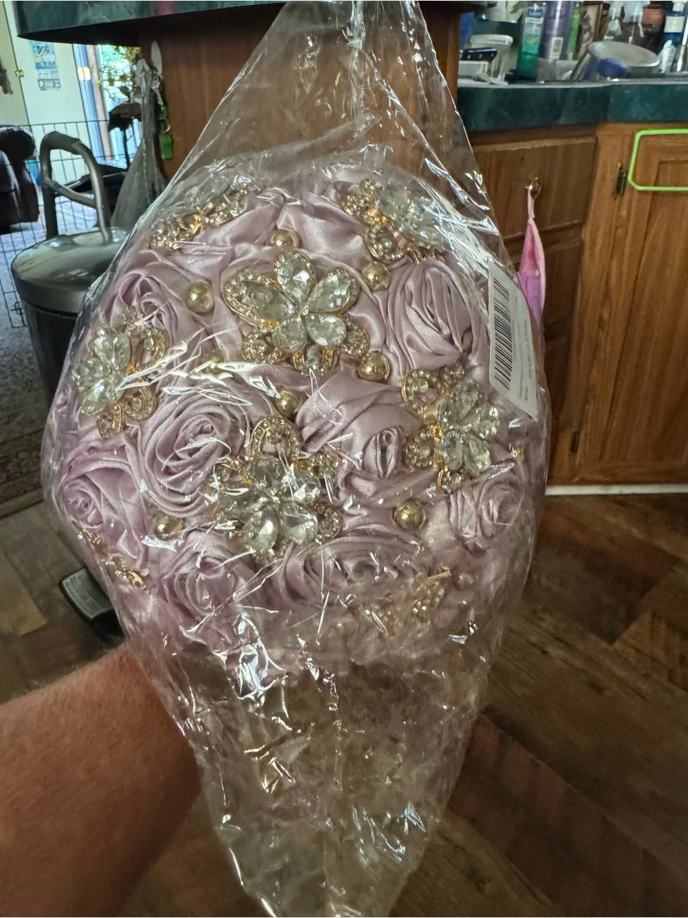 Satin Rose and Crystal Bridal Bouquet in Lavender by